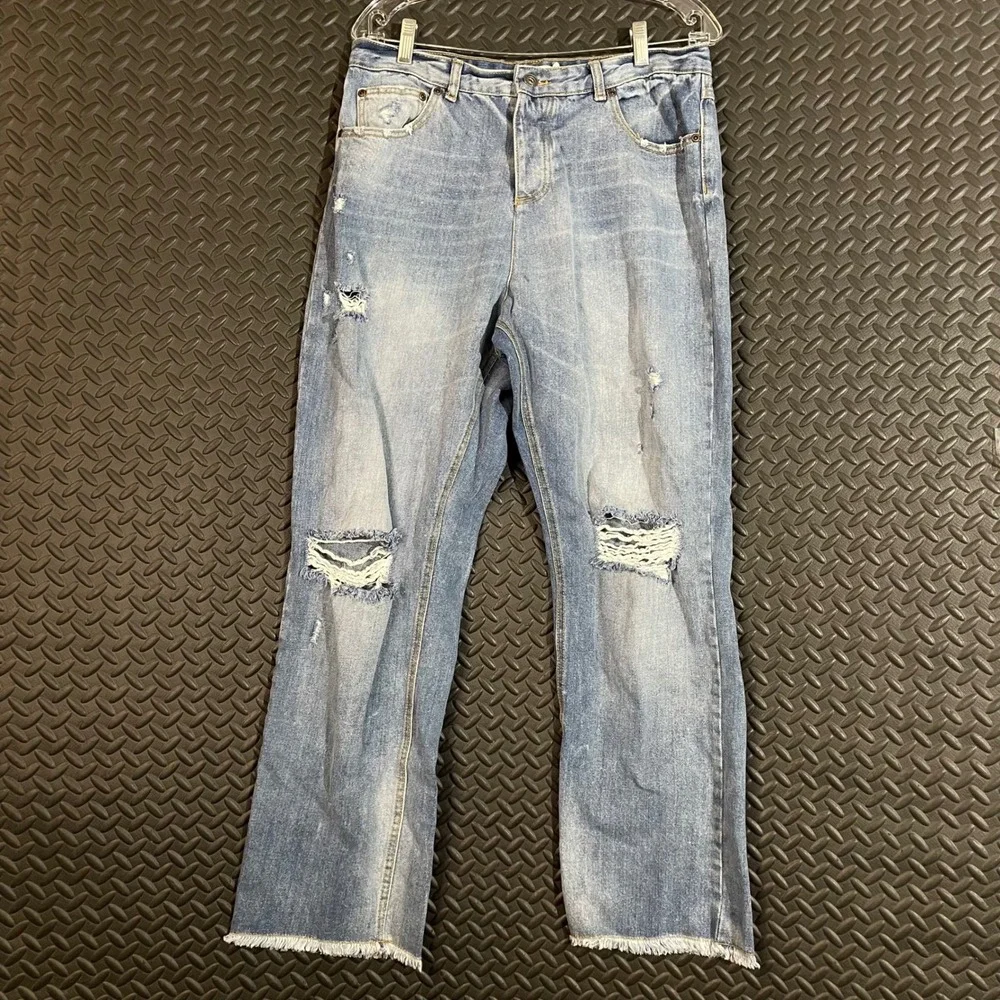 Avec Les Filles Blue Distressed Raw Hem Denim High Rise Straight Jeans Womens 30